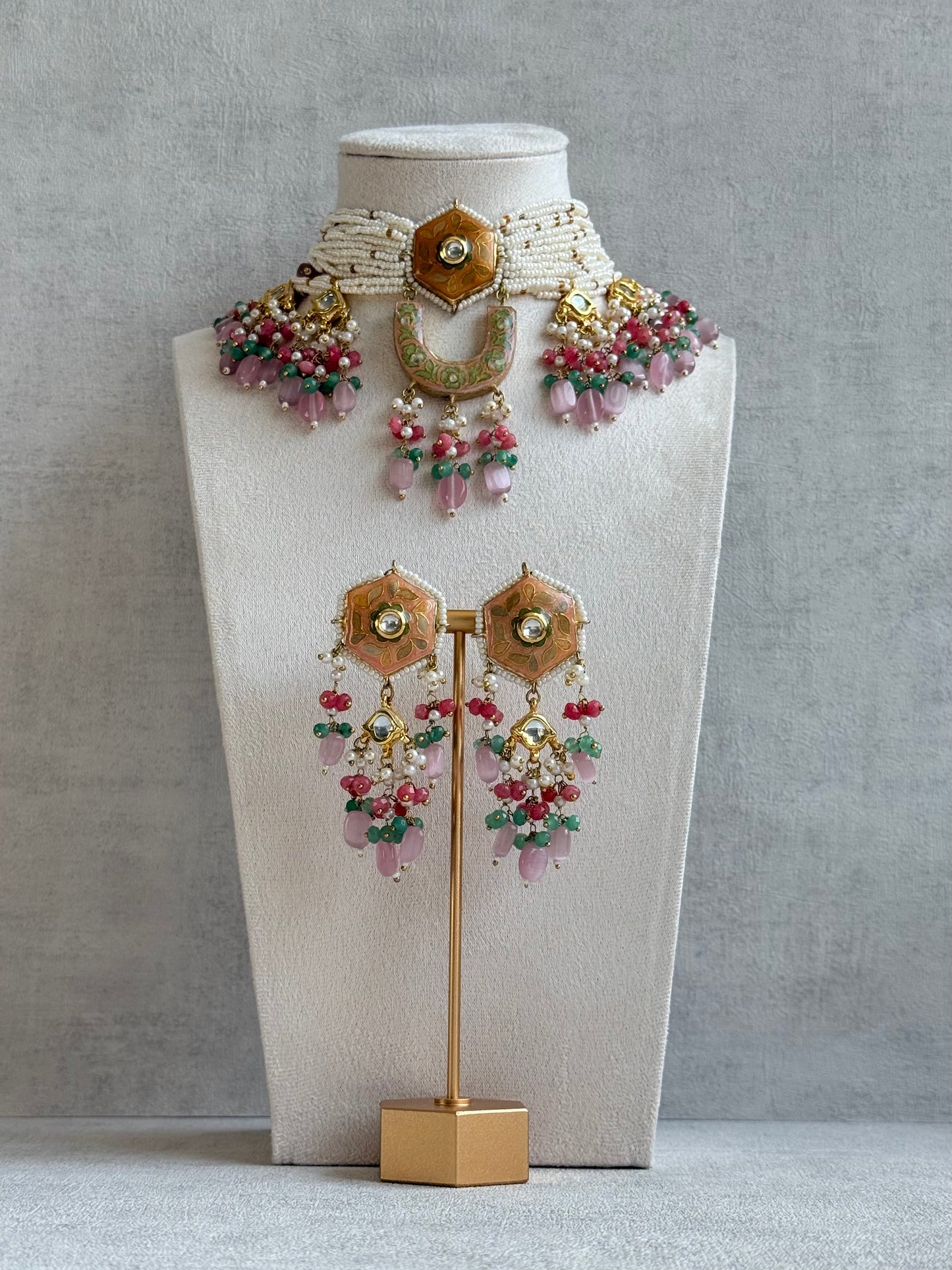 Ayura Designs Elizaar Meenakari Kundan Choker Set with Earrings – Blush Pink & Emerald Green Bead Detailing