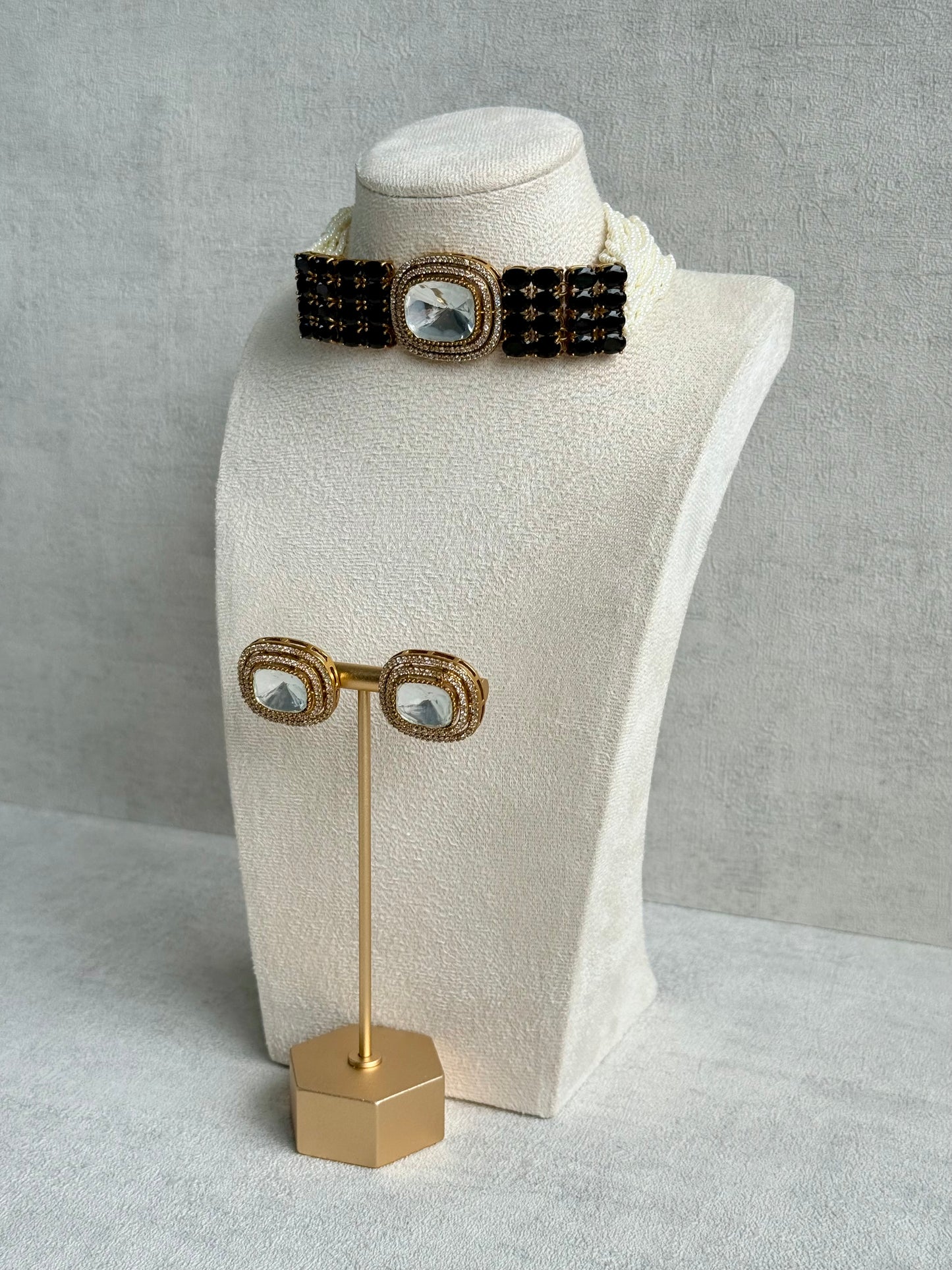Ayura Designs Emma Choker Set – Black Gemstone Choker & Studs with Mirror-Cut Centrepiece, Pearl Strands & Crystal Borders
