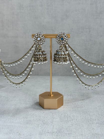 Ayura Designs Aks-e-Noor Jhumkis – Antique Gold Mirror & Crystal Earrings with Detachable Triple-Layer Pearl Sahare