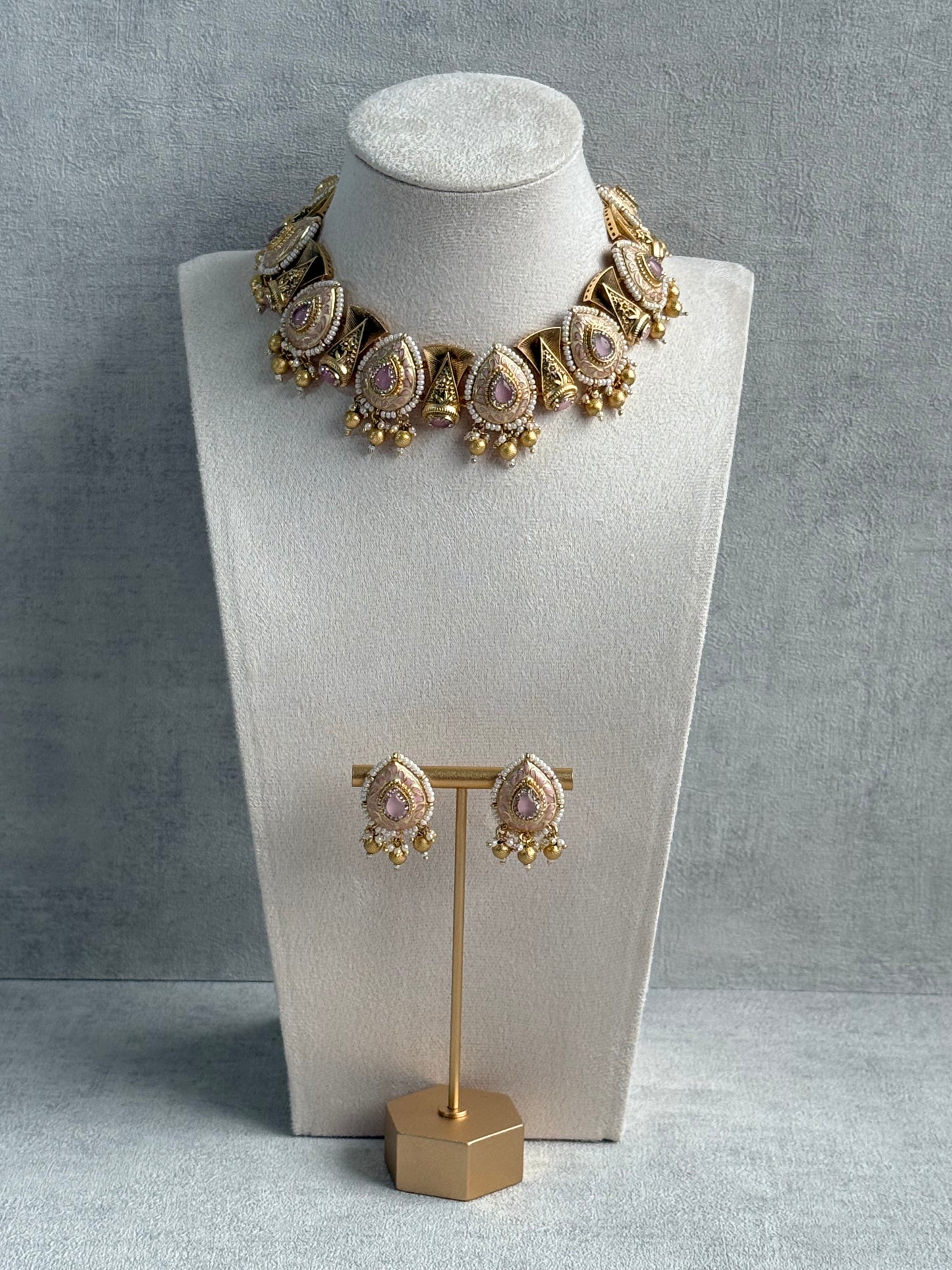 Ayura Designs Aaira Set with Necklace & Studs – Blush Pink Meenakari with Rose Pink Centre & Pearl Detailing