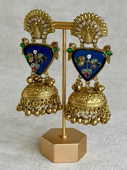 Ayura Designs Makali Earrings – Midnight Blue Enamel with Multicolour Stones & Antique Gold Jhumkis