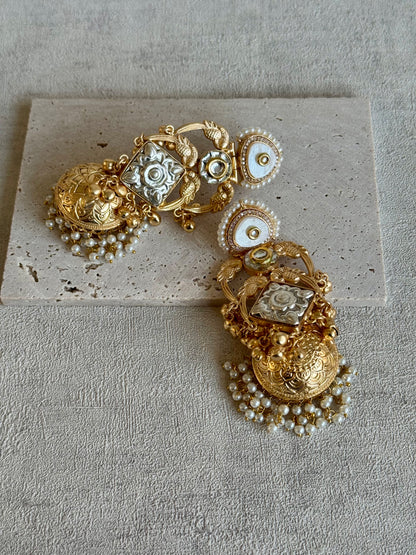 Ayura Designs Zaqsa Earrings – Dual-Tone Antique Gold & Silver Jhumkas with Bird Motifs, Kundan Accents & Pearl Drops