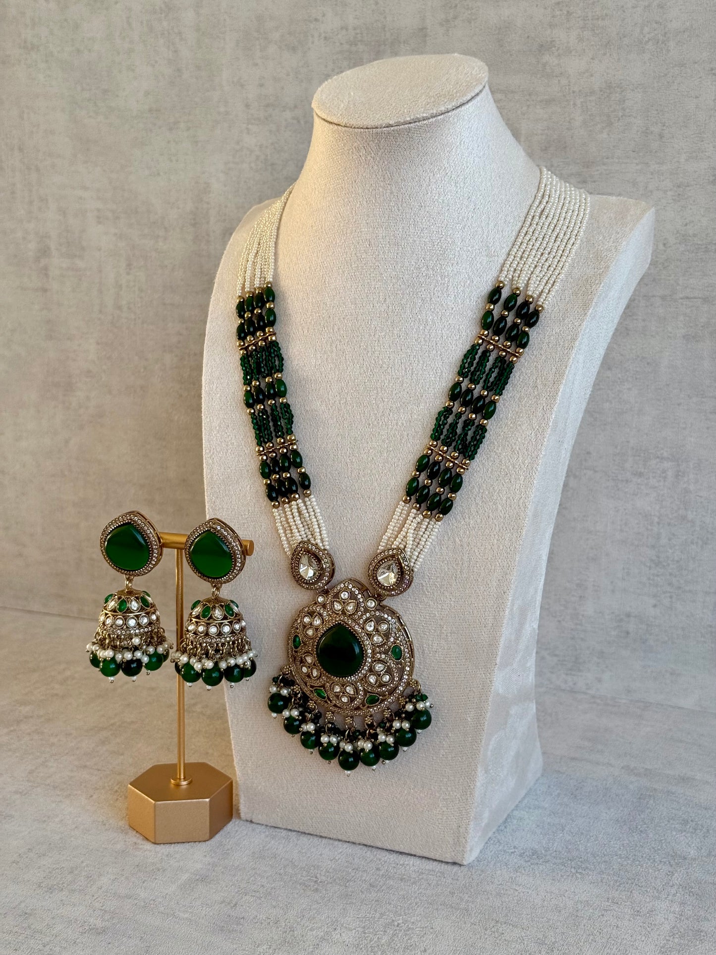 Ayura Designs Brielle Set – Necklace & Jhumkis with Mirror-Cut Stones, Emerald Green & Ivory Beads