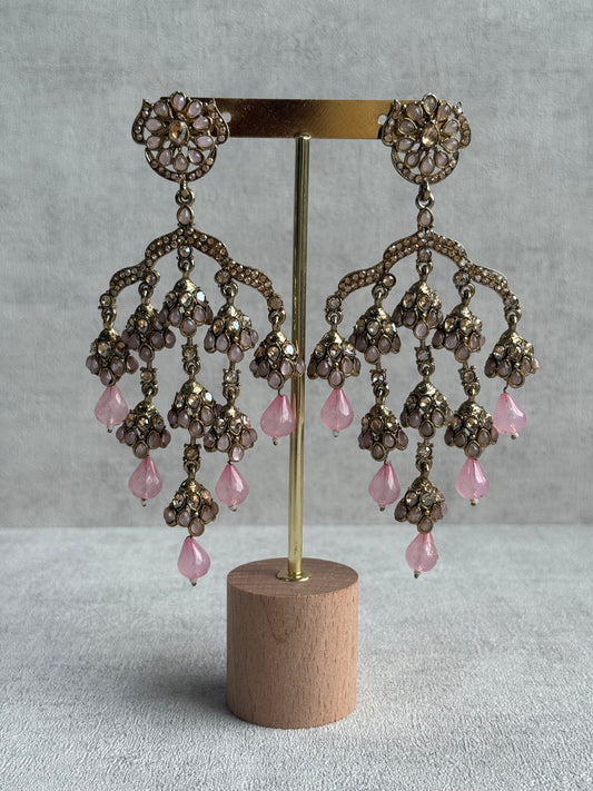 Ayura Designs Jasmine Earrings – Chandelier Earrings with Blush Pink Beads & Antique Gold Detailing