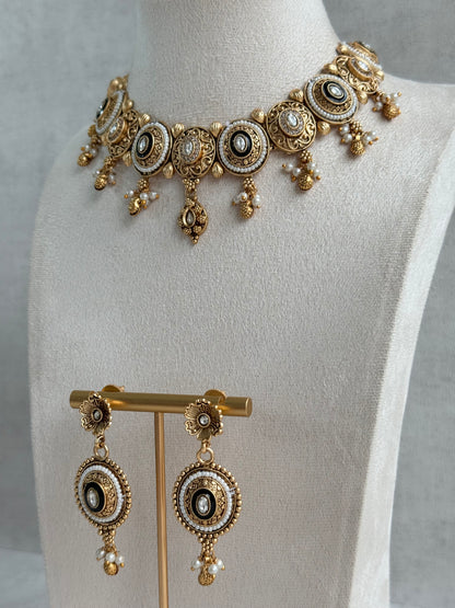 Ayura Designs Livia Necklace Set with Earrings – Green Enamel, Kundan & Pearl Detailing in Antique Gold Finish