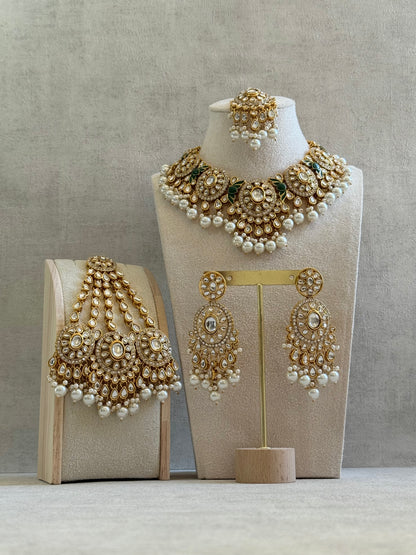 Ayura Designs Zara Set with Necklace, Earrings, Tikka & Passa – Antique Gold with Kundan Detailing & Ivory Pearl Drops