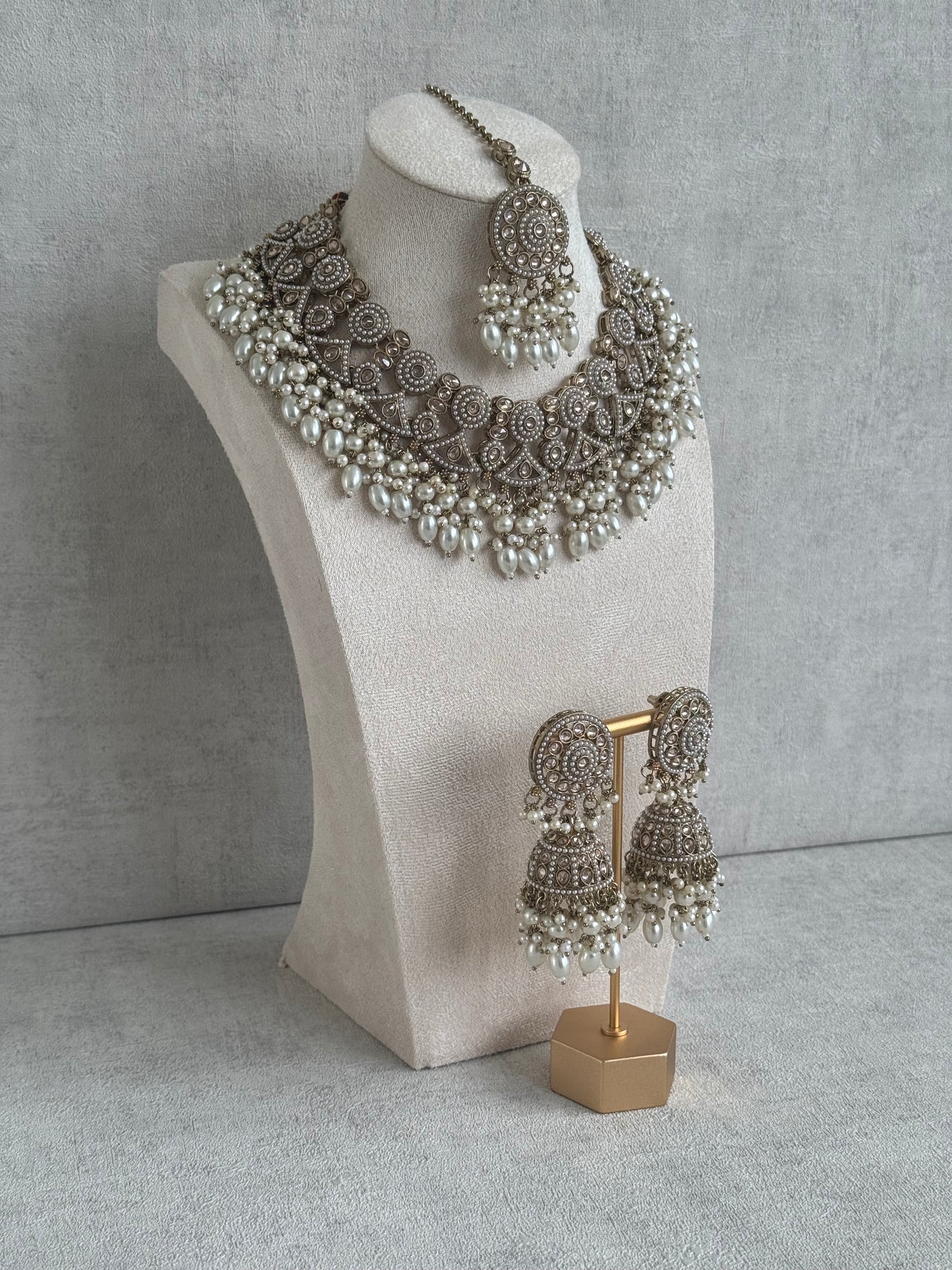 Ayura Designs Noorza Set with Jhumkis and Tikka – Pearl White Stones, Antique Gold & Polki Finish