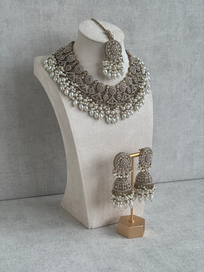 Ayura Designs Noorza Set with Jhumkis and Tikka – Pearl White Stones, Antique Gold & Polki Finish