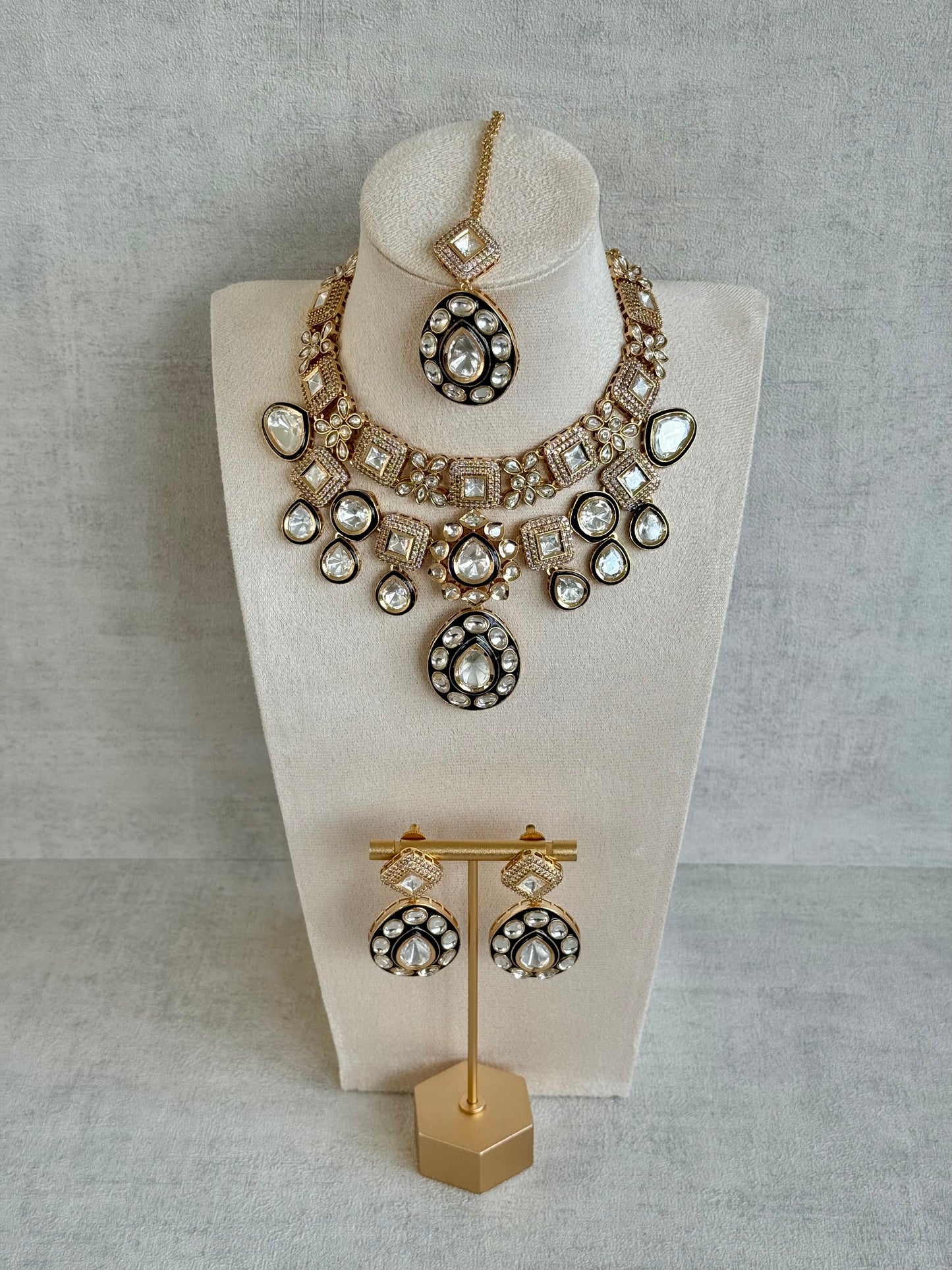Ayura Designs Avani Set with Earrings & Tikka – Mirror-Cut Stones with Deep Blue Enamel Detailing & Crystal Borders