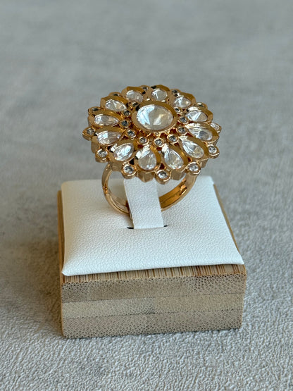 Ayura Designs Luisa Adjustable Ring – Crystal Centre Stone with Crystal Petal Detailing