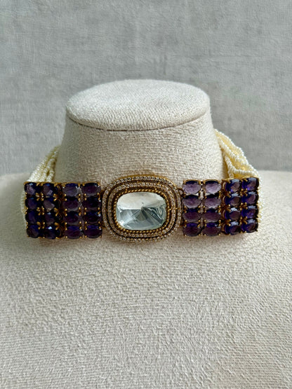 Ayura Designs Emma Choker Set – Deep Violet Gemstone Choker & Studs with Mirror-Cut Centrepiece, Pearl Strands & Crystal Borders