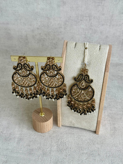 Ayura Designs Anvi Tikka Set with Earrings – Black with Champagne Stones & Pearl Drops