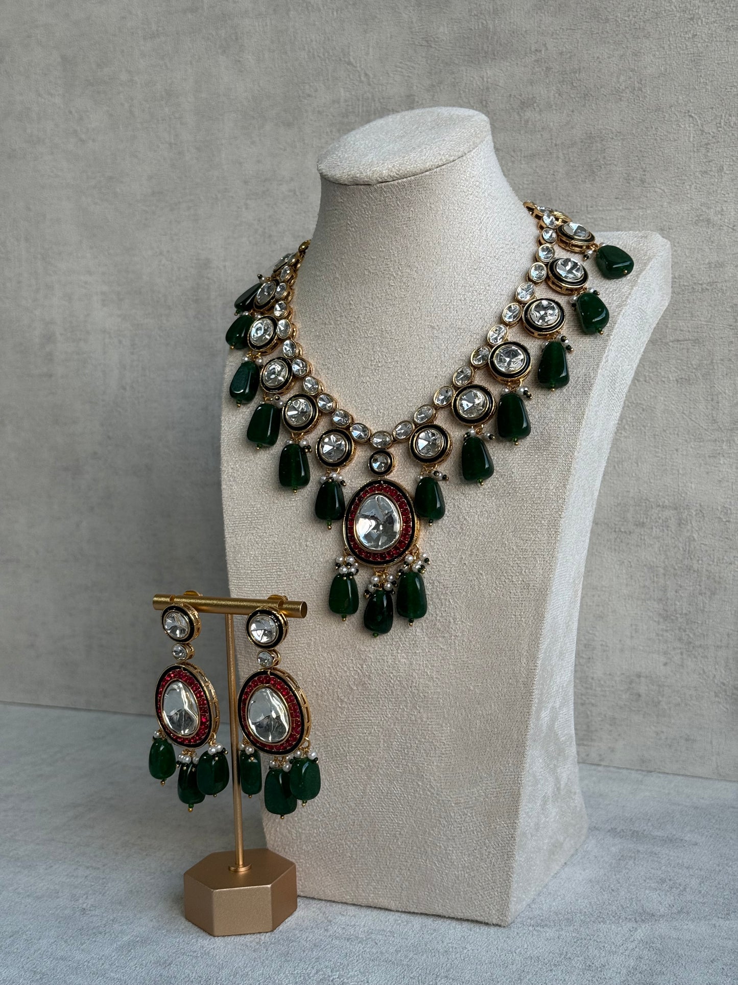 Ayura Designs Emaanat Set with Necklace & Earrings – Ruby & Emerald Accents, Polki Kundan & Antique Gold Finish