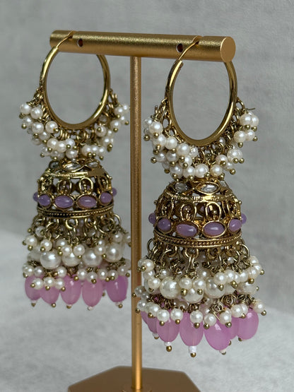 Ayura Designs Jugni Jhumkis – Antique Gold Balis with Lavender Beads & Pearl Clusters