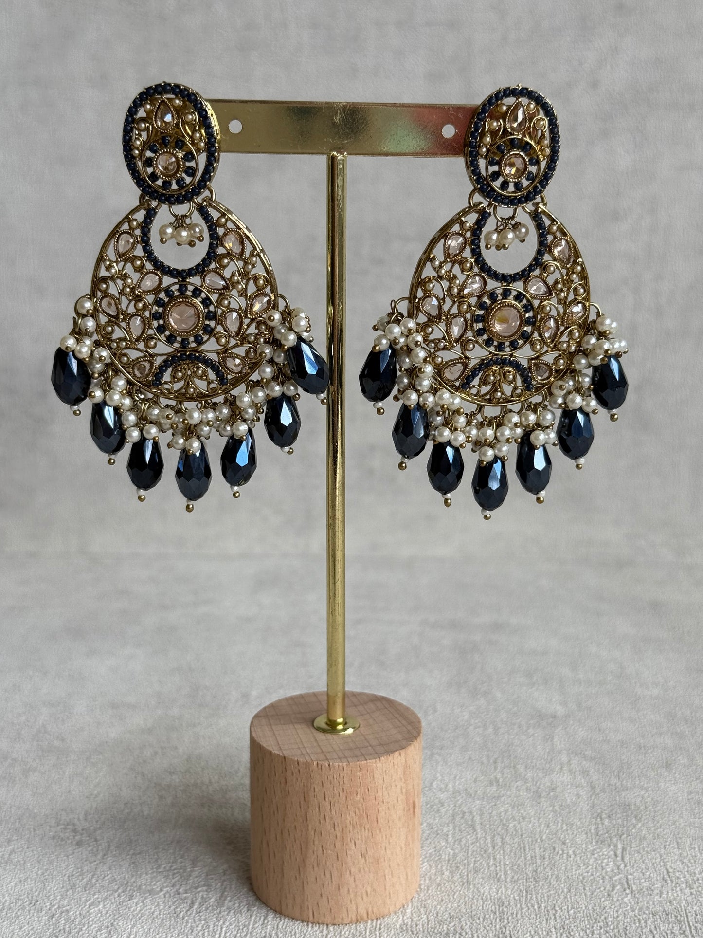 Ayura Designs Almas Tikka Set with Earrings, Tikka & Sahara – Midnight Blue Beads & Antique Gold Finish