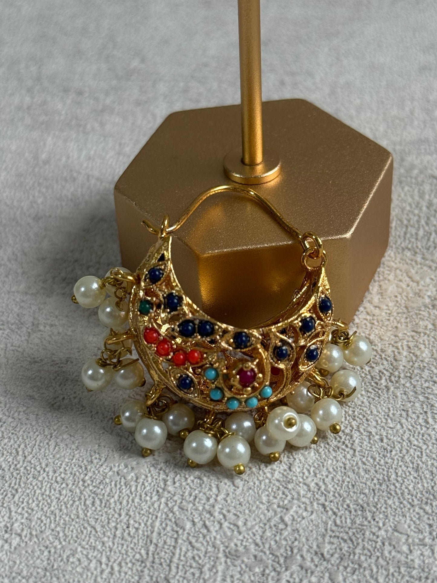 Ayura Designs Rasam Balis – Antique Gold Hoops with Multicolour Stones & Pearl Clusters