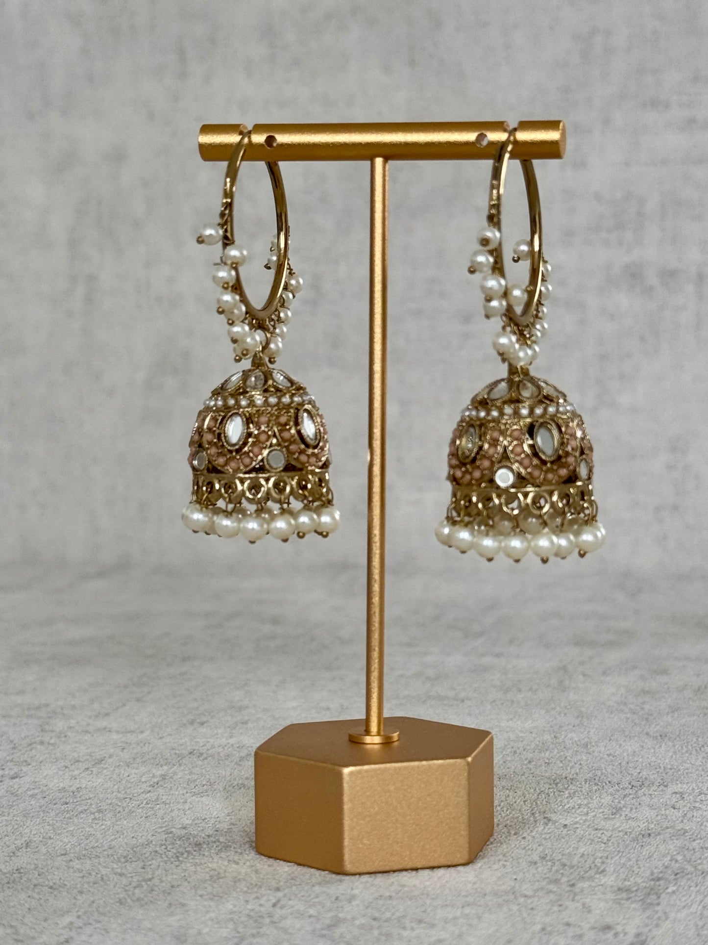 Ayura Designs Jugni Bali Jhumkas – Antique Gold with Mauve & Pearl Accents