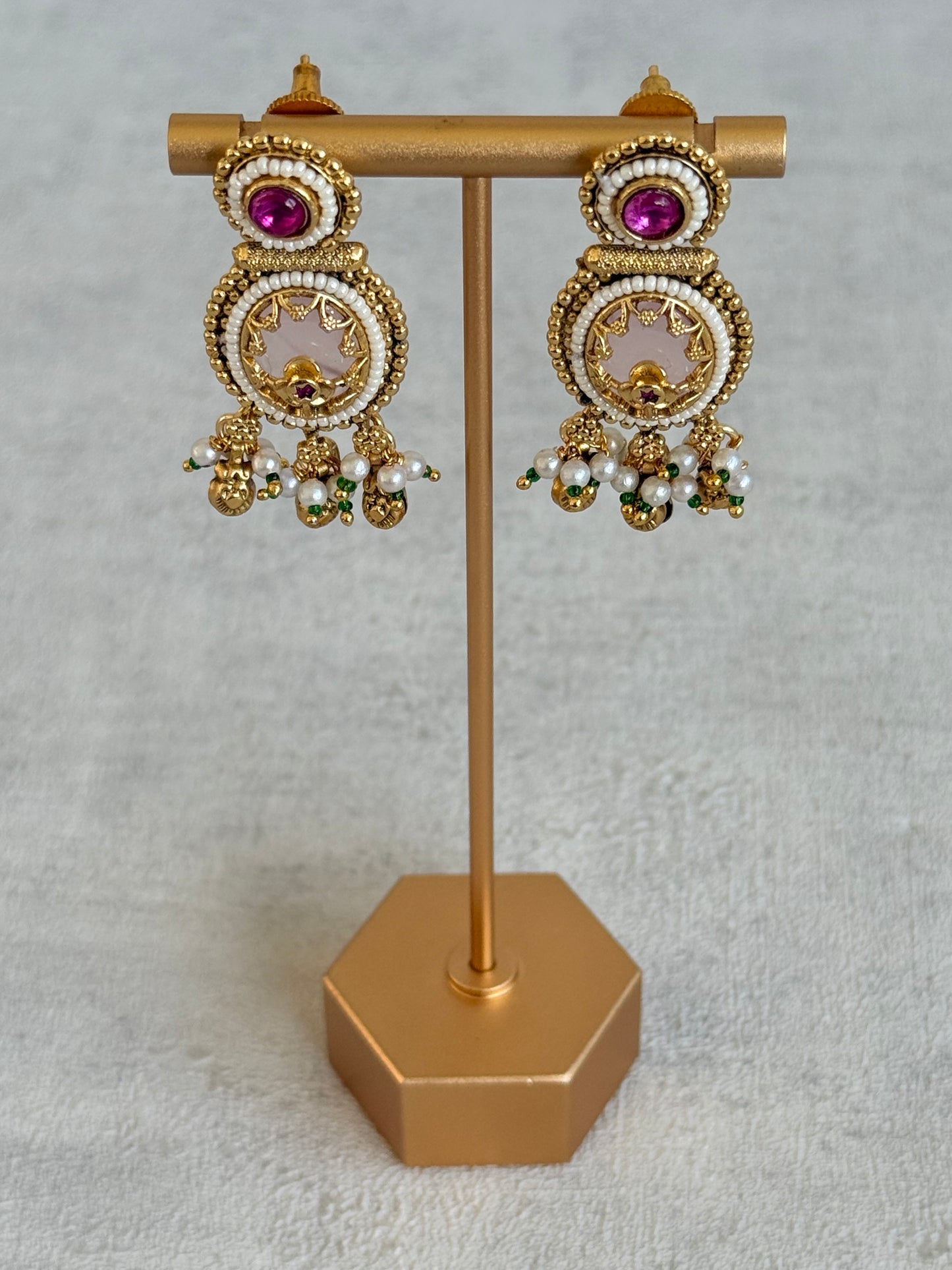 Ayura Designs Enjal Earrings – Blush Pink Enamel, Pearl Beading, Pink Stone & Gold Finish