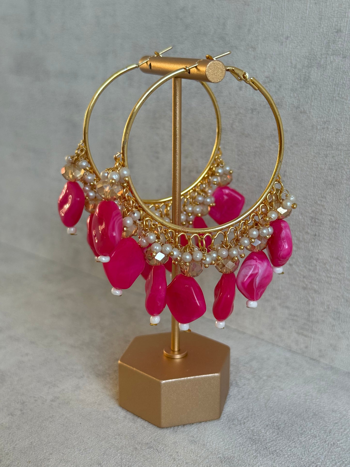 Ayura Designs Heer Balis – Gold Hoops with Hot Pink Marble Beads, Pearls & Crystal Detailing