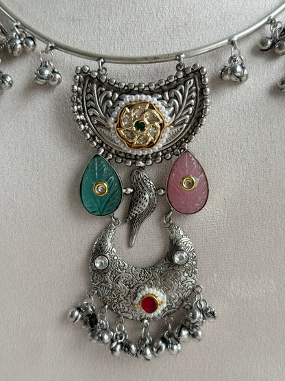 Ayura Designs Jiyana Collar Necklace Set – Blush Pink & Aqua Green Carved Teardrop Stones & Oxidised Silver Finish