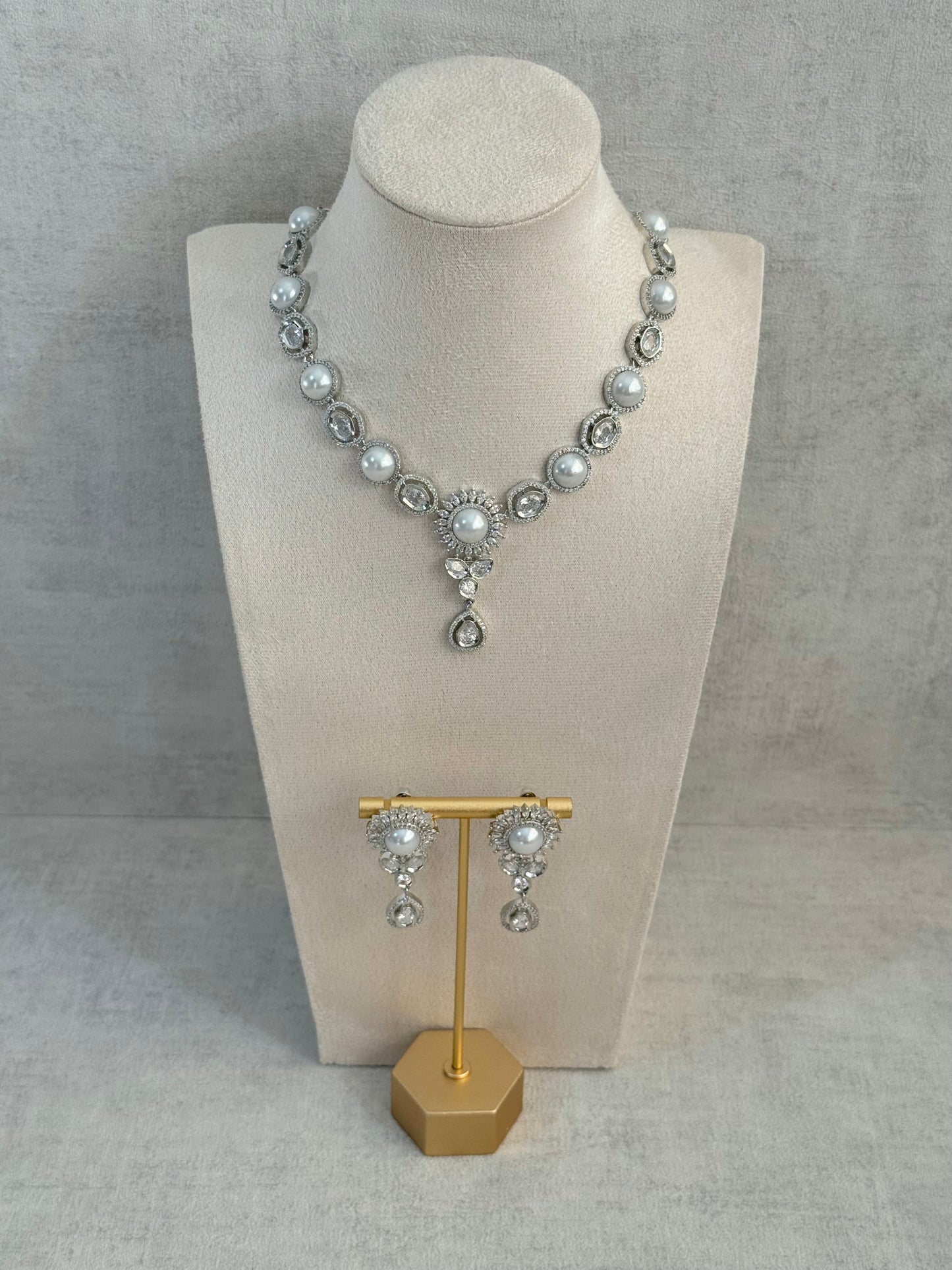 Ayura Designs Tilly Set with Necklace & Earrings – Pearl Centre with Crystal Halo Detailing in Silver Finish