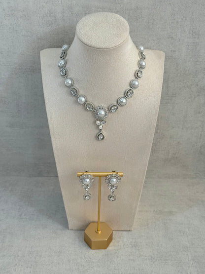 Ayura Designs Tilly Set with Necklace & Earrings – Pearl Centre with Crystal Halo Detailing in Silver Finish
