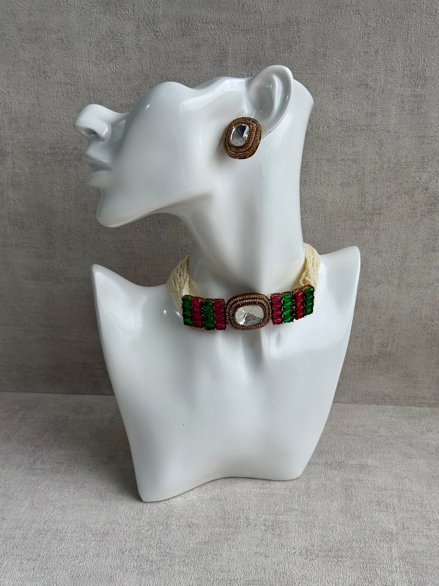 Ayura Designs Emma Choker Set – Fuchsia Pink & Emerald Green Gemstone Choker & Studs with Mirror-Cut Centrepiece, Pearl Strands & Crystal Borders