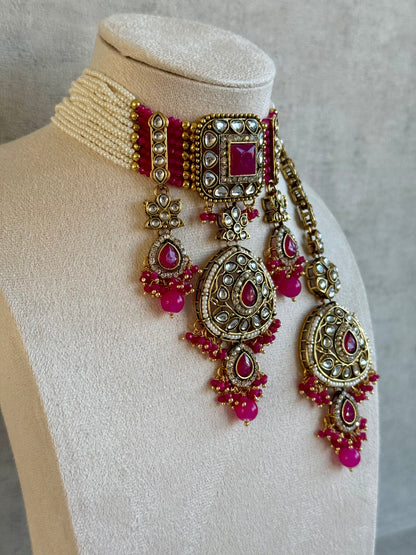 Ayura Designs Zarmeen Choker Set with Earrings & Tikka – Mirror-Cut Stones, Antique Gold Finish and Hot Pink Beads