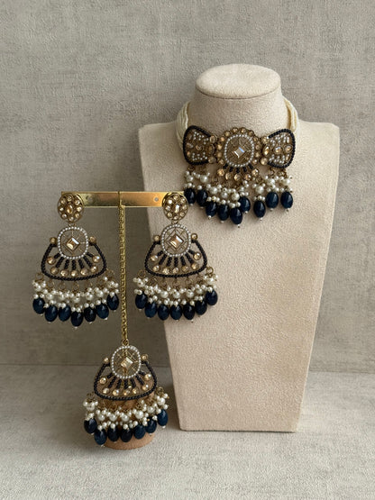 Ayura Designs Qudsia Set with Necklace, Earrings & Tikka – Navy Blue Stones, Kundan Detailing & Antique Gold Finish