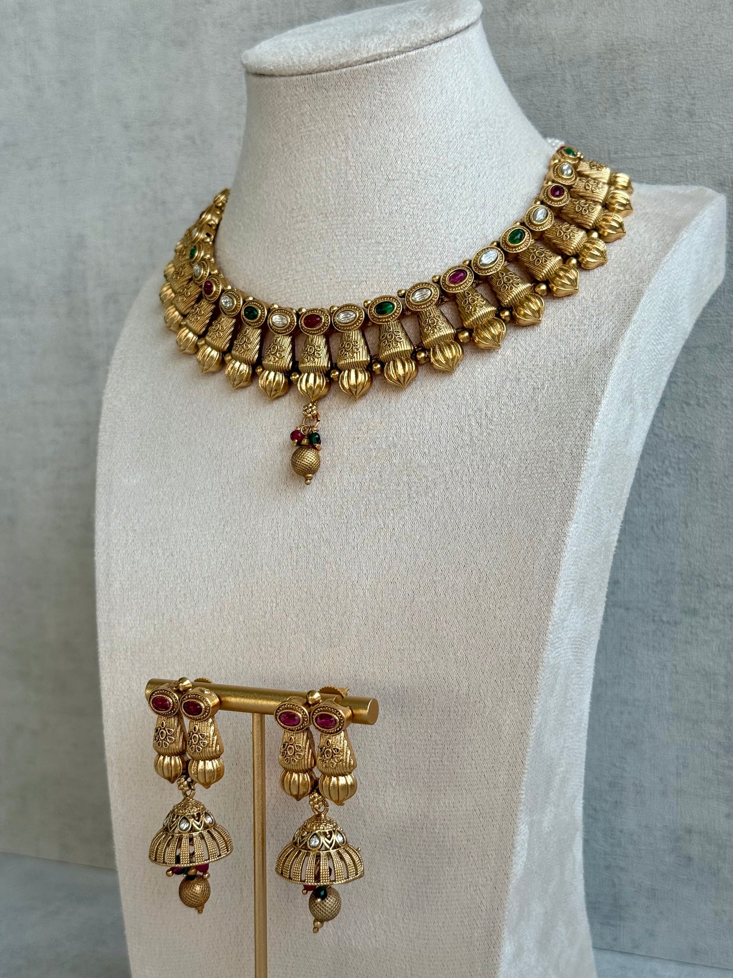 Ayura Designs Aima Necklace Set with Earrings – Antique Gold with Rani Pink & Emerald Green Stones