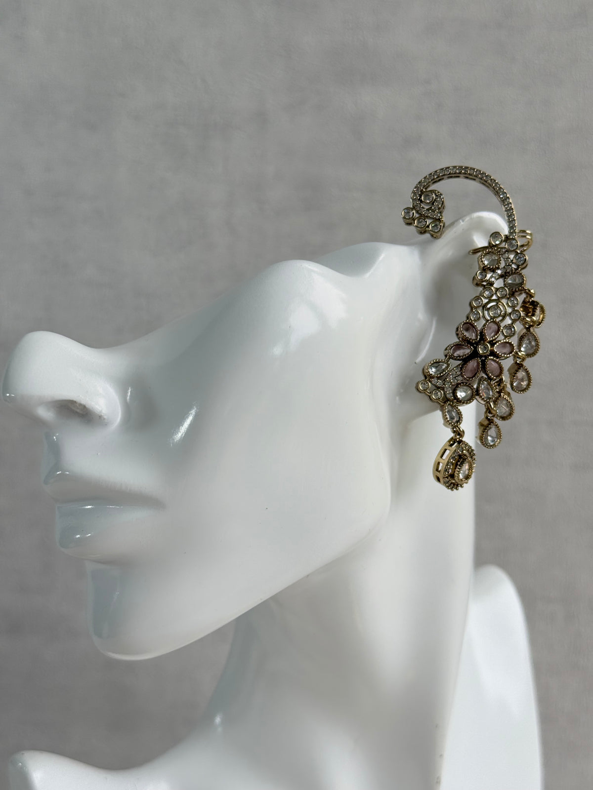 Ayura Designs Aksara Kaanphool Earrings – Blush Pink Stones, Kundan, Crystals & Antique Gold Finish