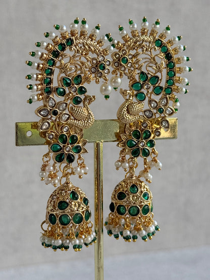 Ayura Designs Nitya Kaanphool Jhumkis – Gold Peacock Motifs, Emerald Green Kundan & Pearl Drops with Attached Sahare