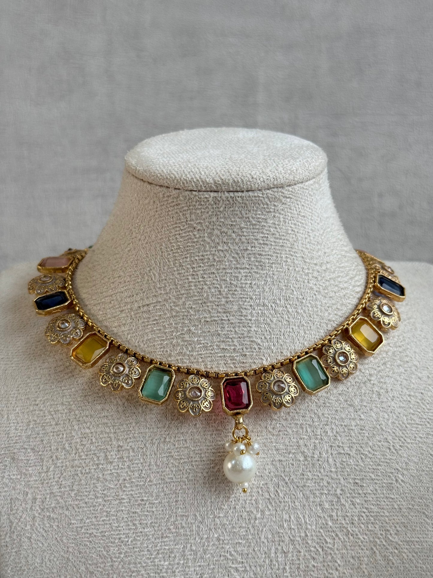 Ayura Designs Padma Necklace Set with Earrings – Multicolour Stones with Pearl Drop Detailing