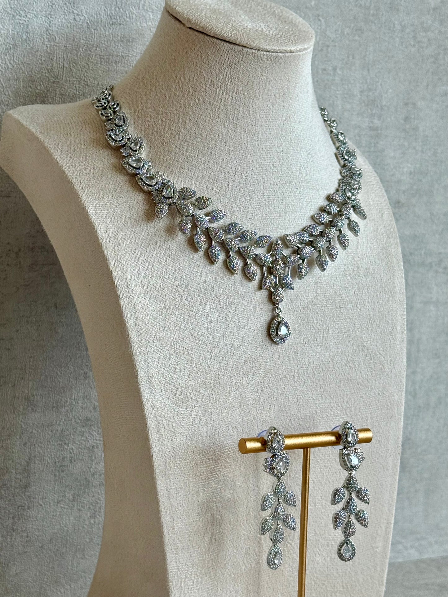 Ayura Designs Vivienne Set with Necklace & Earrings – Silver Finish with Teardrop Crystals and Clustered Leaf Detailing