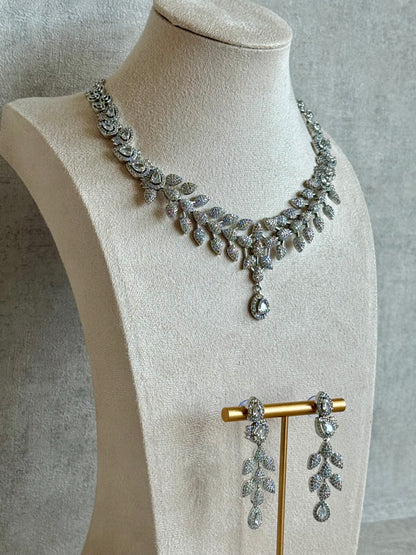 Ayura Designs Vivienne Set with Necklace & Earrings – Silver Finish with Teardrop Crystals and Clustered Leaf Detailing
