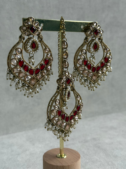 Ayura Designs Damini Tikka Set – Mirror-Cut Kundan Earrings & Tikka with Ruby Red Enamel and Pearl Detailing