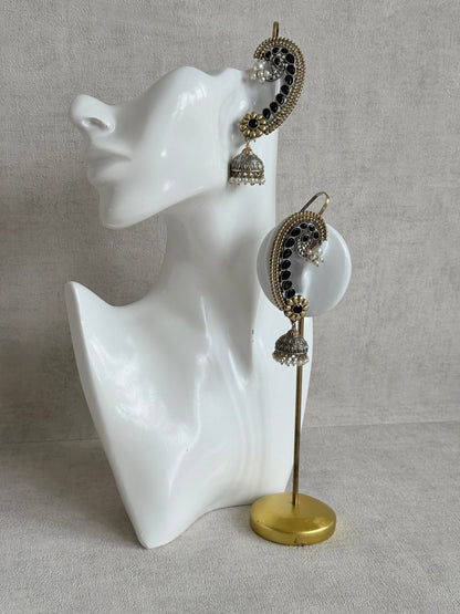 Ayura Designs Koyal Jhumkis – Oxidised Dual Tone Ear Climber Jhumkis with Black Kundan & Pearl Detailing
