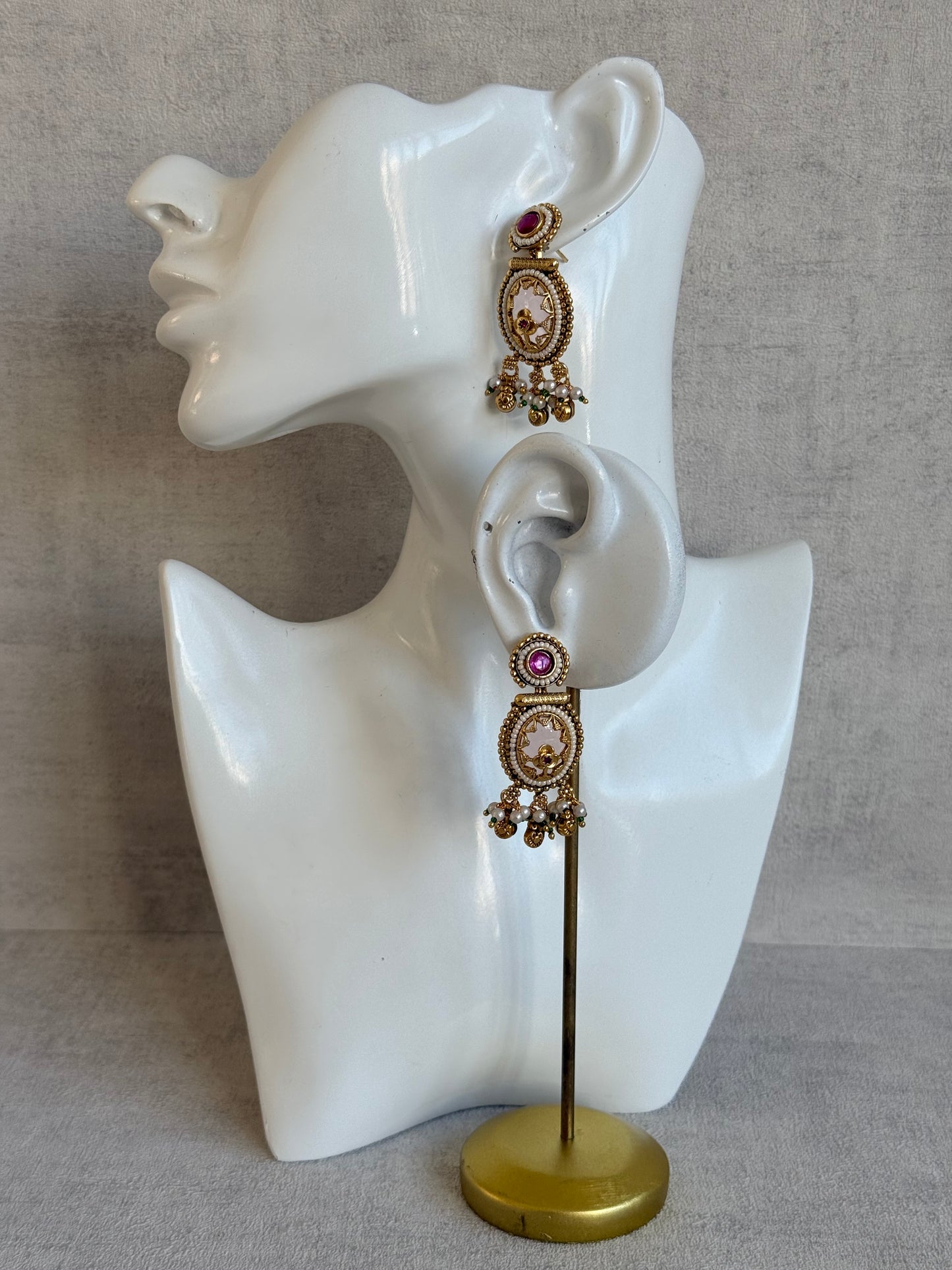 Ayura Designs Enjal Earrings – Blush Pink Enamel, Pearl Beading, Pink Stone & Gold Finish