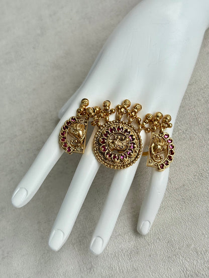 Ayura Designs Nira Adjustable Ring – Jadau-Inspired Elephant Motifs with Rani Pink Stones, Pearl Drops & Ghungroos