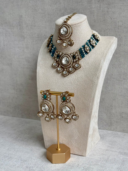 Ayura Designs Rahi Necklace Set with Earrings & Tikka – Teal Blue Stones with Mirror-Cut Detailing & Pearl Strands