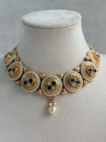 Ayura Designs Kaya Necklace Set with Earrings – Emerald Green Kundan Stones, Pearls & Antique Gold Finish