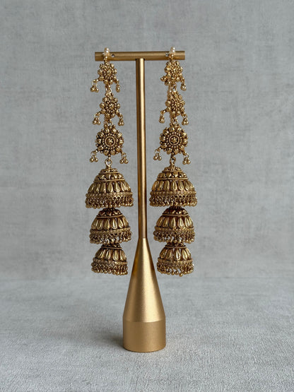 Ayura Designs Preet Sahare Jhumkis – Antique Gold Finish with Triple Dome Design