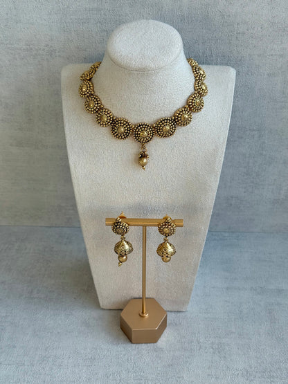 Ayura Designs Reet Set with Necklace & Jhumkis – Antique Gold with Textured Floral Motifs & Dome Drops