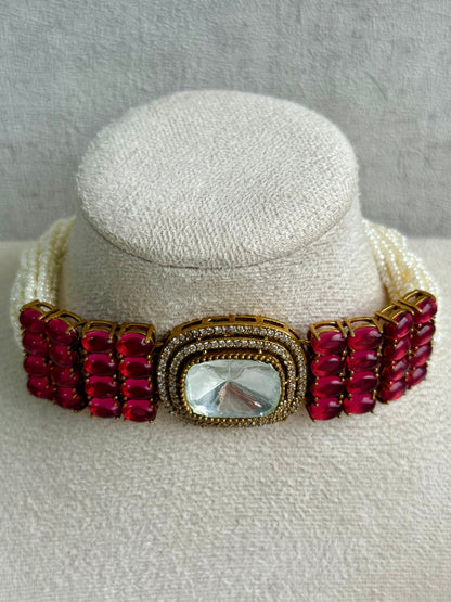 Ayura Designs Emma Choker Set – Ruby Fuchsia Gemstone Choker & Studs with Mirror-Cut Centrepiece, Pearl Strands & Crystal Borders