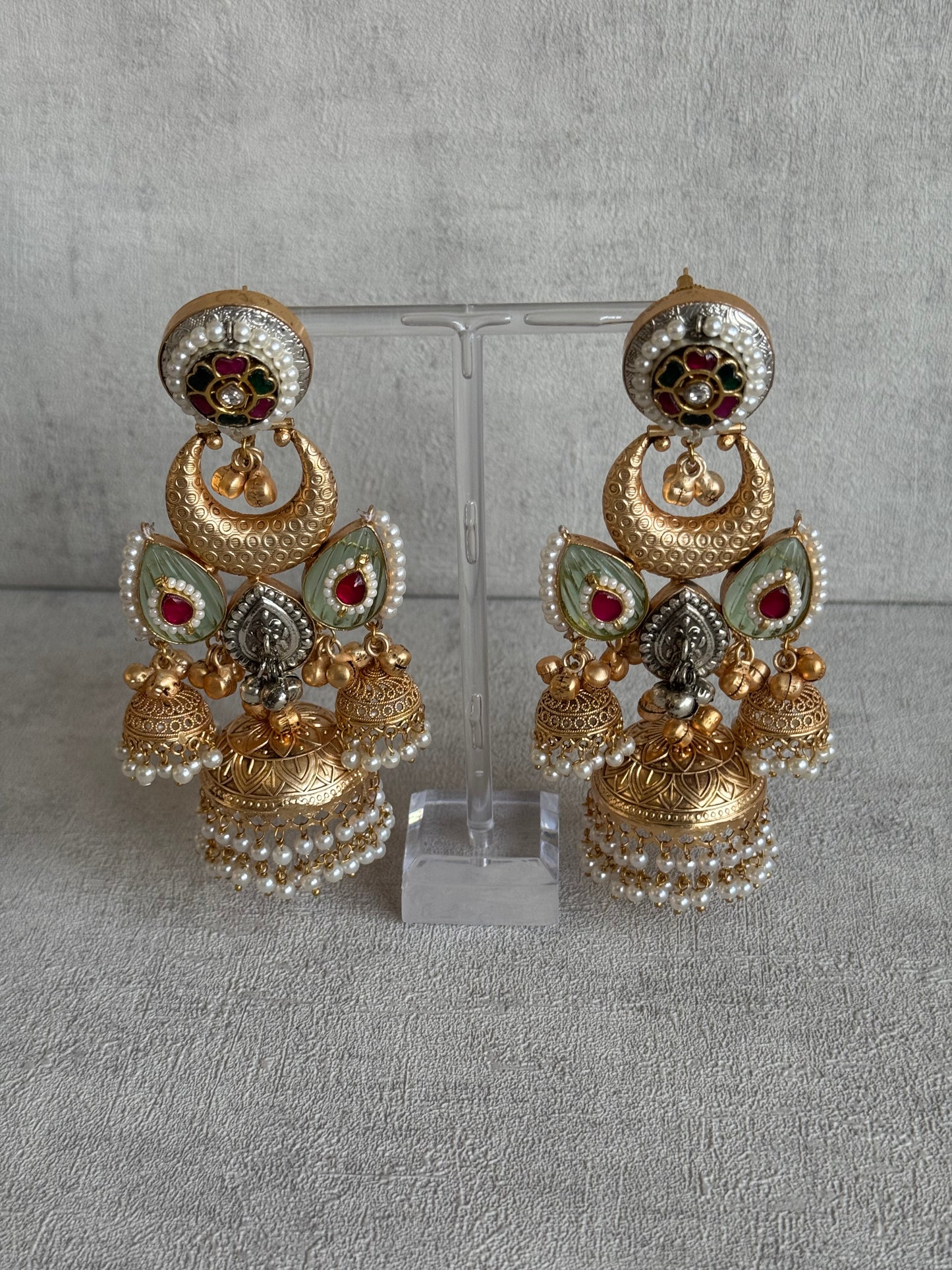 Ayura Designs Wajiha Earrings – Antique Gold Chandbalis with Meenakari Studs, Crescent Drops, Mint Enamel Petals & Layered Pearl Jhumkas