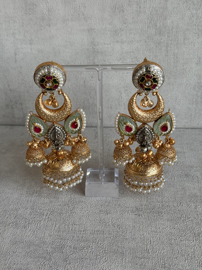 Ayura Designs Wajiha Earrings – Antique Gold Chandbalis with Meenakari Studs, Crescent Drops, Mint Enamel Petals & Layered Pearl Jhumkas