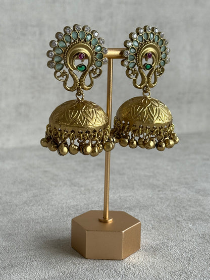 Ayura Designs Moraya Jhumkis – Mint Green Peacock Motif with Antique Gold Detailing