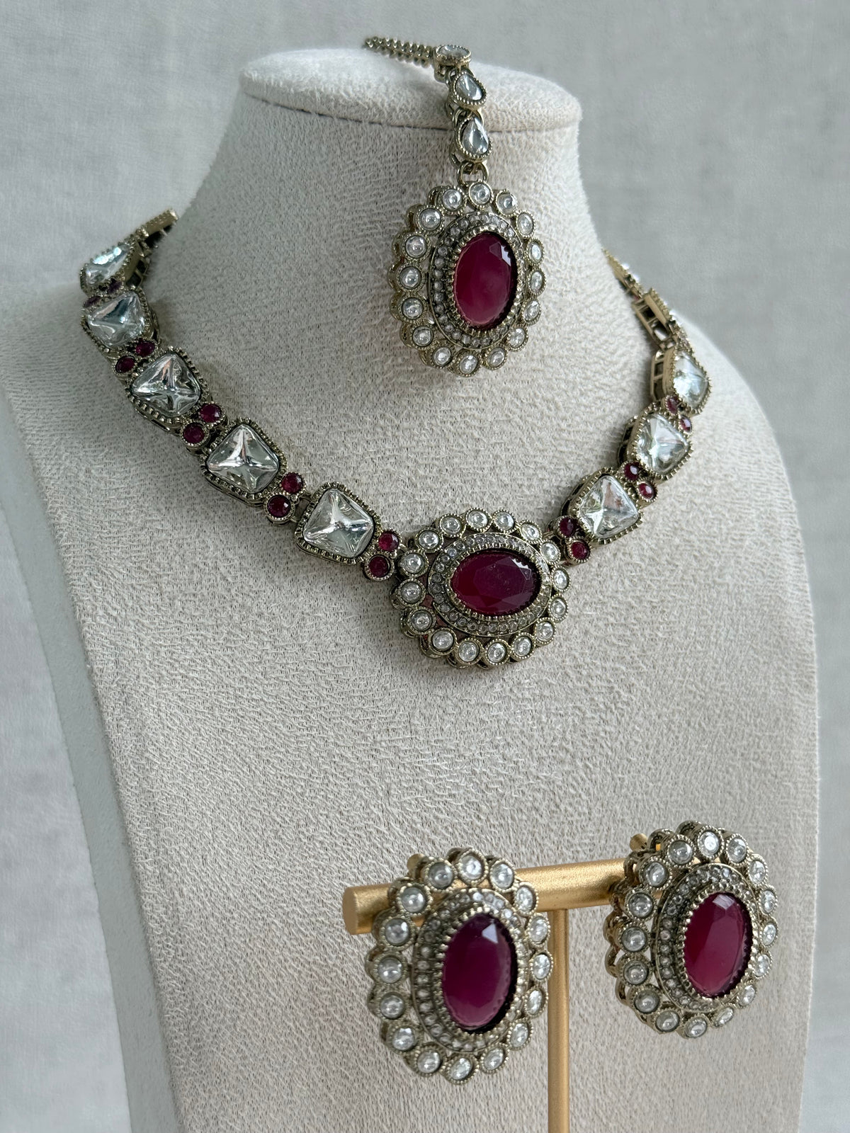 Ayura Designs Inza Necklace Set – Rani Pink Stones, Kundan & Crystals with Antique Gold Finish
