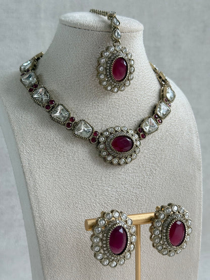 Ayura Designs Inza Necklace Set – Rani Pink Stones, Kundan & Crystals with Antique Gold Finish