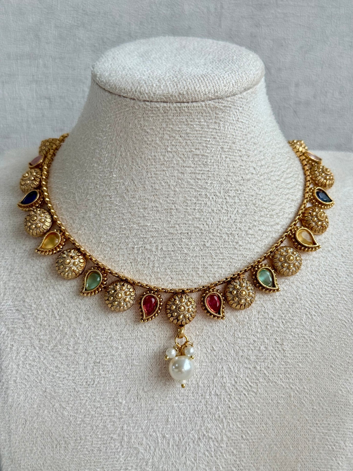 Ayura Designs Mayura Necklace Set with Earrings – Antique Gold Meenakari Motifs with Pearl Drop & Multicolour Stones